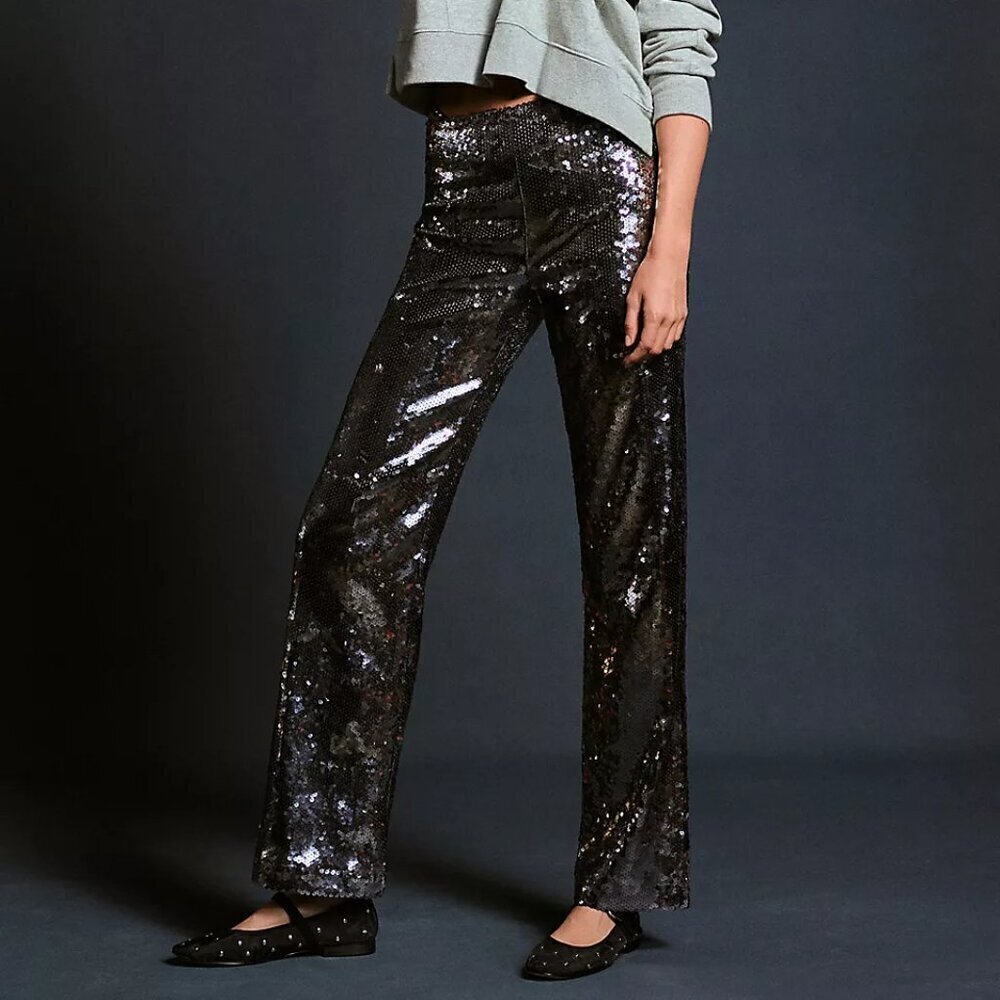 Good American sequin wide leg pants black gunmetal sparkle silver stretch new 2X